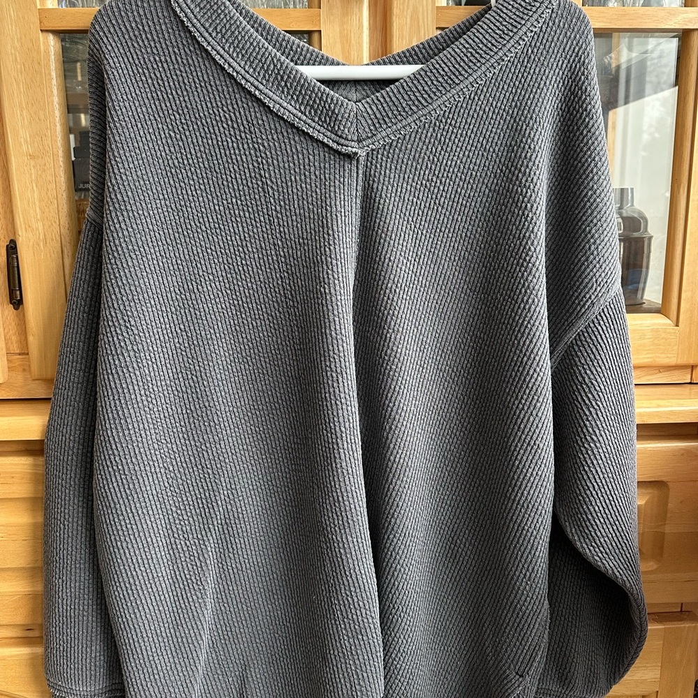 aerie Gray V-Neck Oversized Sweater